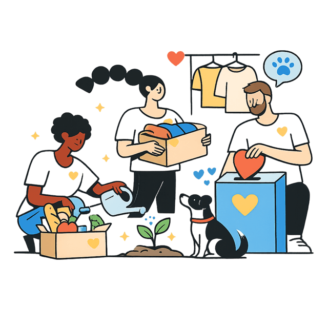 Illustration of volunteers working together with a dog